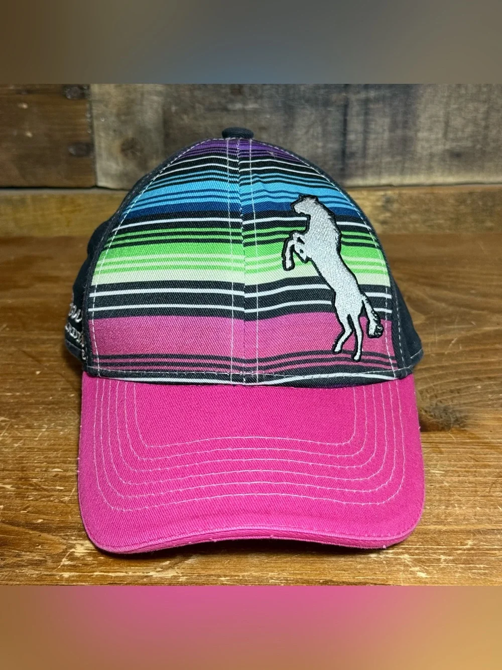 Kids Pink Brim Striped Horse Patch Baseball Cap